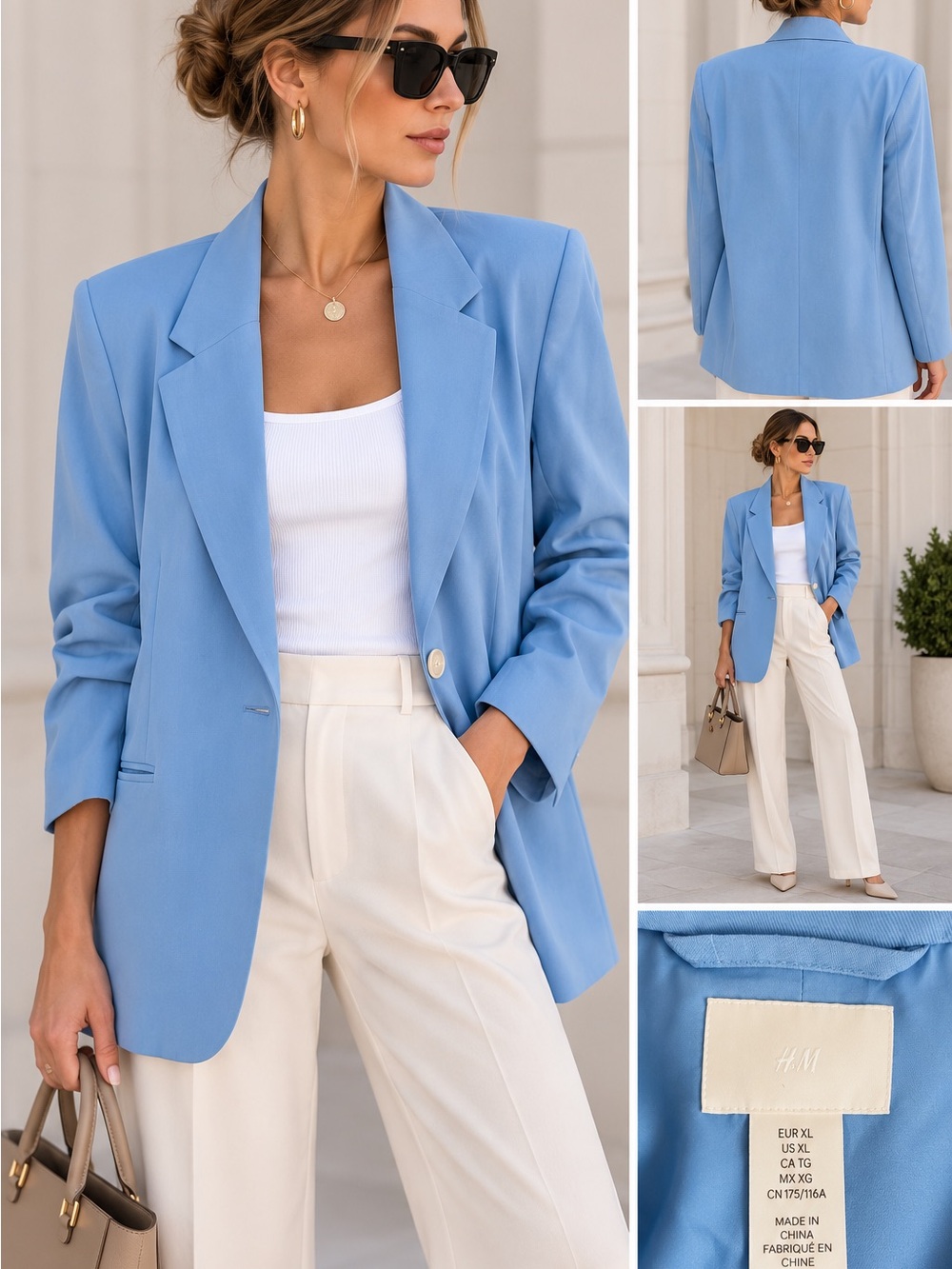 H&M Blue Oversized Blazer XL Single Button Minimalist Office Coastal Chic